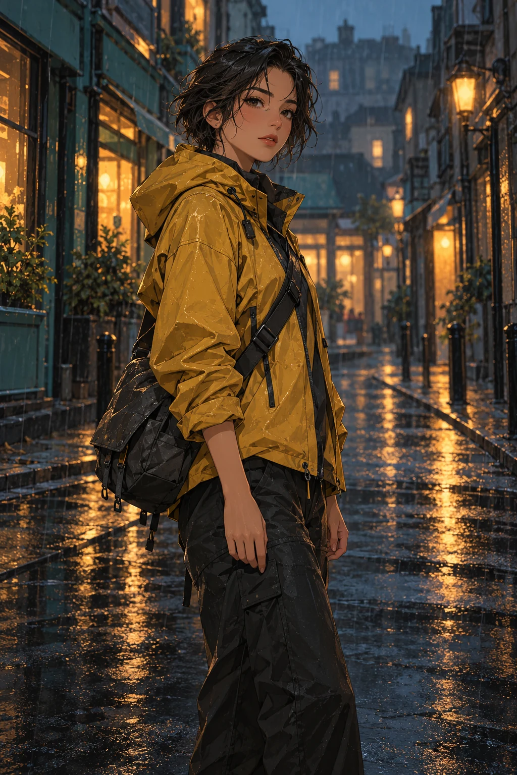 An original illustrated courier with a mustard jacket and short dark hair standing on a rain-soaked city street.