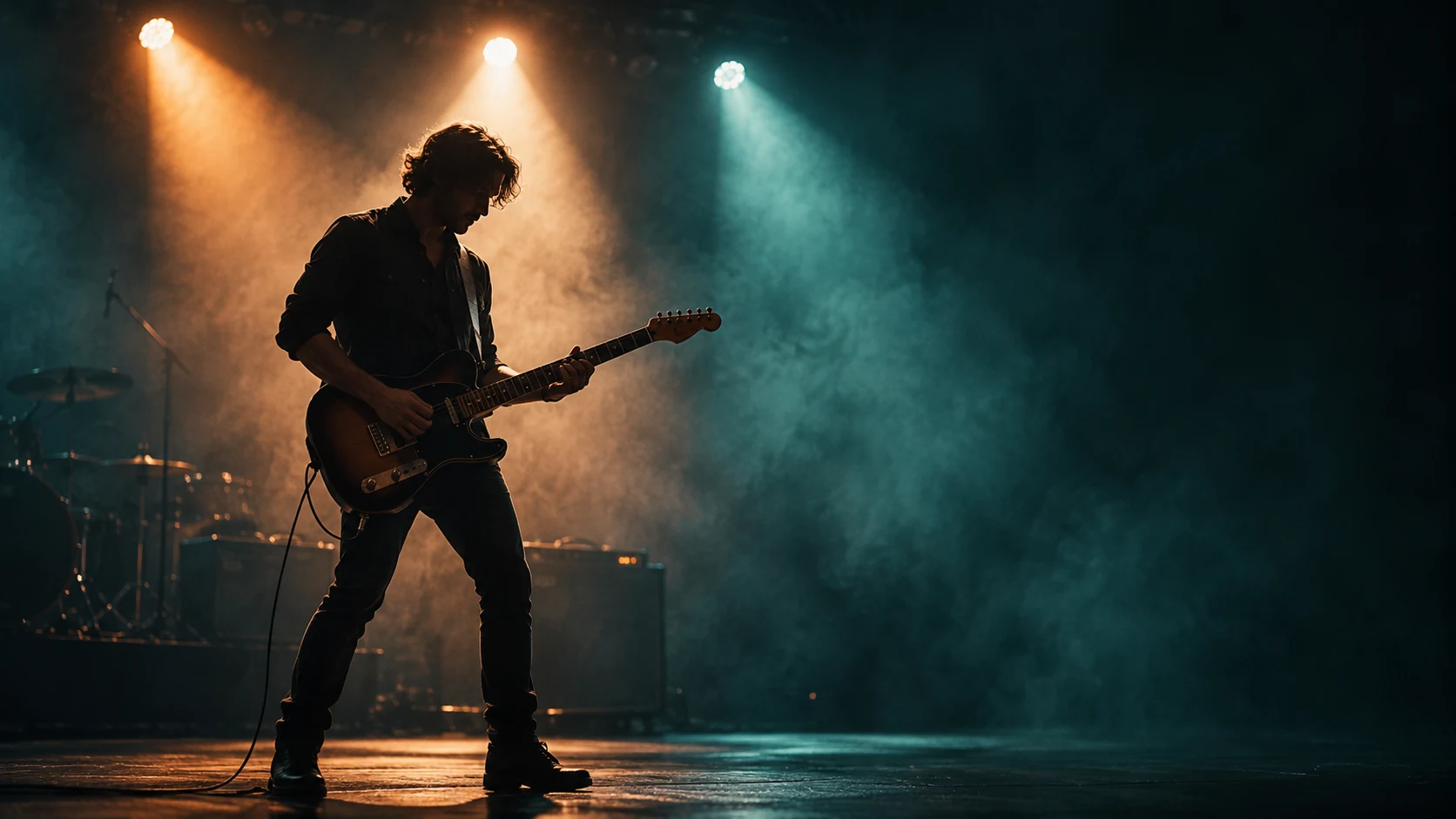 An original live-show visual with a guitarist silhouetted against apricot stage lights and teal haze.