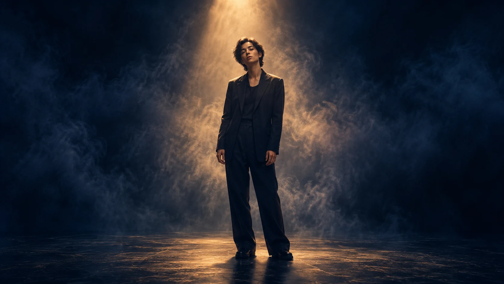 Original album artwork showing a lone singer beneath an amber spotlight in a hazy midnight-blue room.