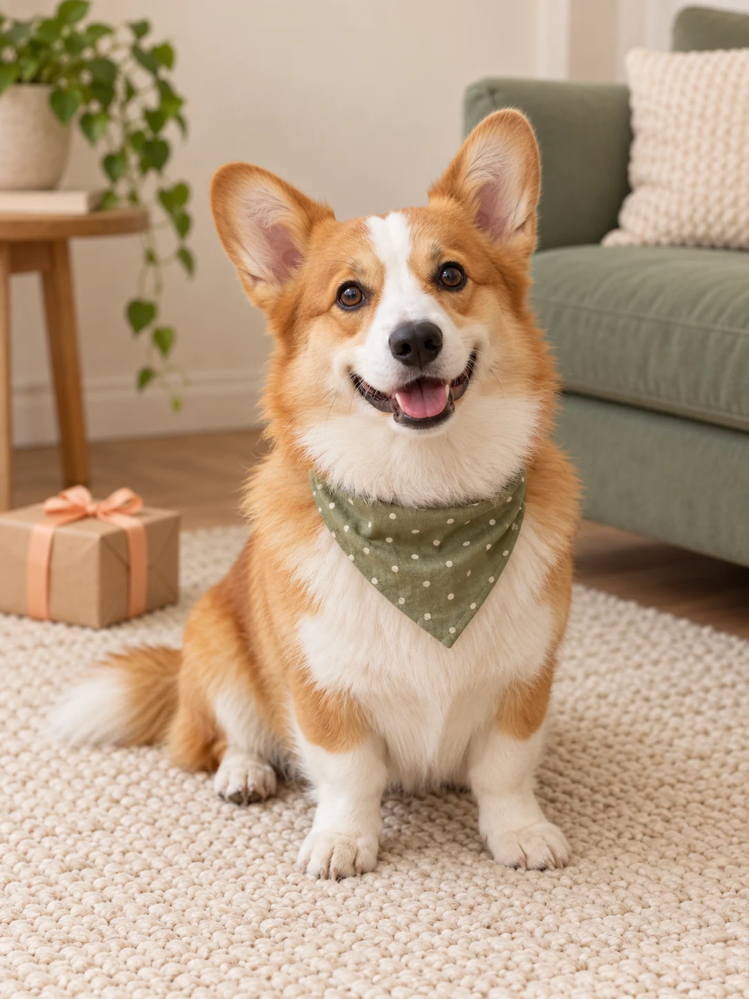 A corgi wearing a sage birthday bandana, sitting on a cream rug beside a small wrapped gift.
