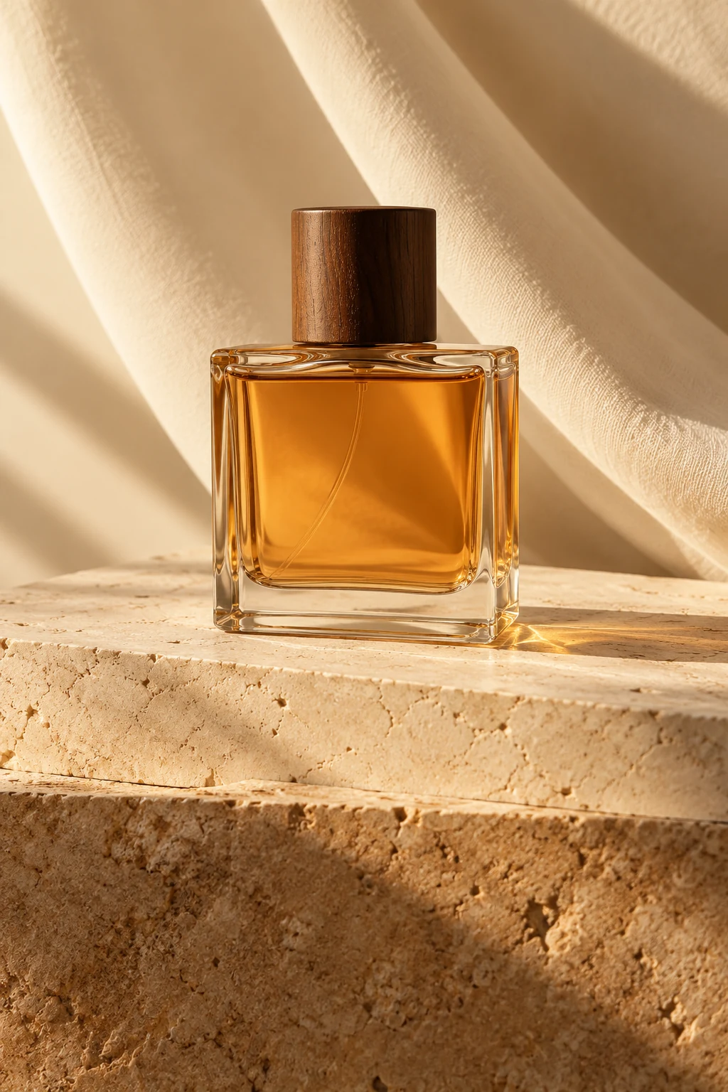 An unbranded amber perfume bottle on limestone, with a soft fabric backdrop and a diagonal shaft of light.